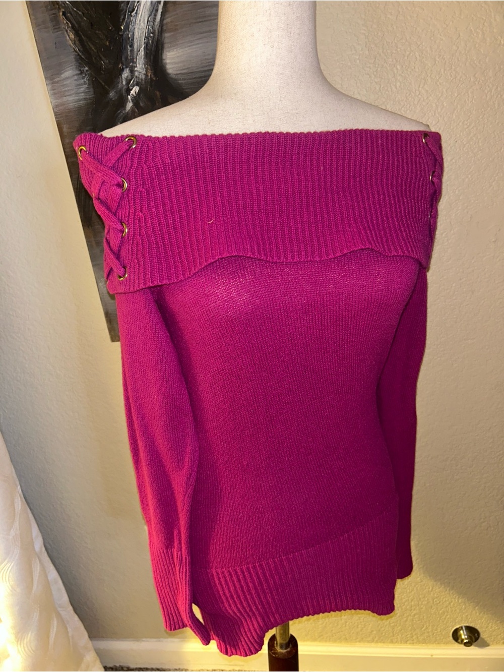 Cache Off-Shoulder Lace-Up Tunic Sweater - Fuchsia